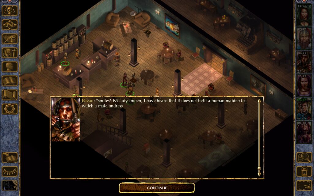 Kivan: M'lady Imoen, I have heard that it does not befit a human maiden to watch a male undress.