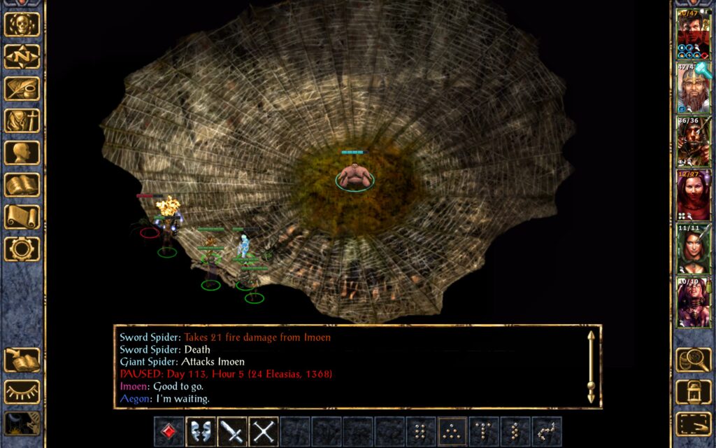 Imoen burns a sword spider to death.