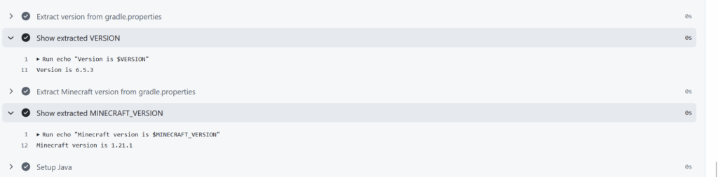 Screenshot of Github Action flow for the publish script, showing the values of VERSION and MINECRAFT_VERSION it extracted