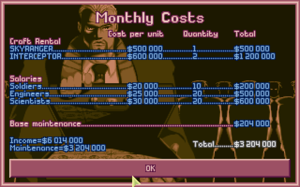 The monthly cost of running X-Com.