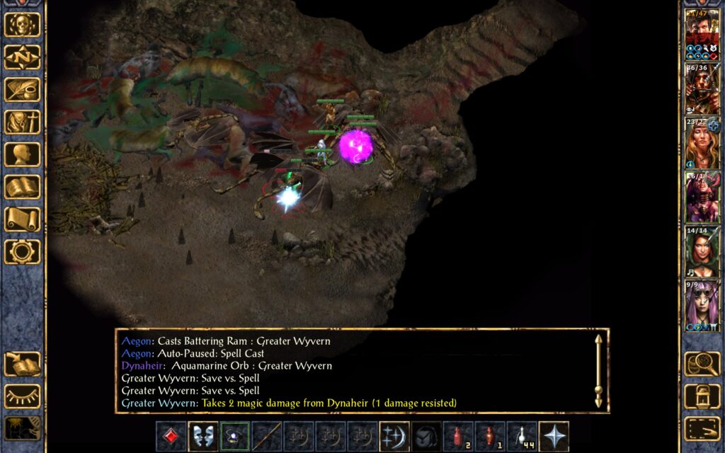 Dynaheir and Aegon keep launching offensive spells at the wyverns.