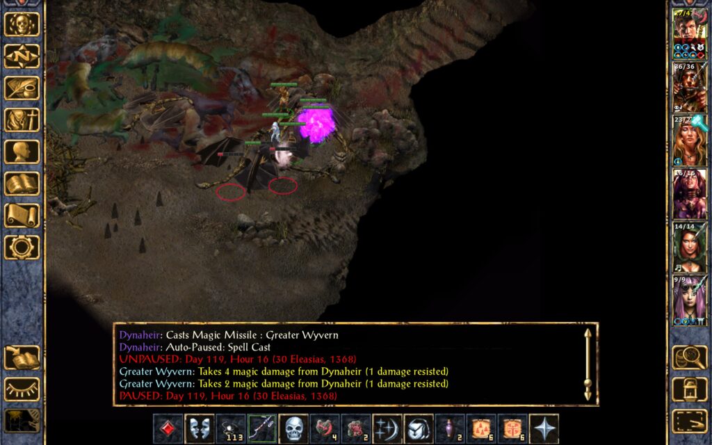 Dynaheir hits the Greater Wyvern with Magic Missiles.