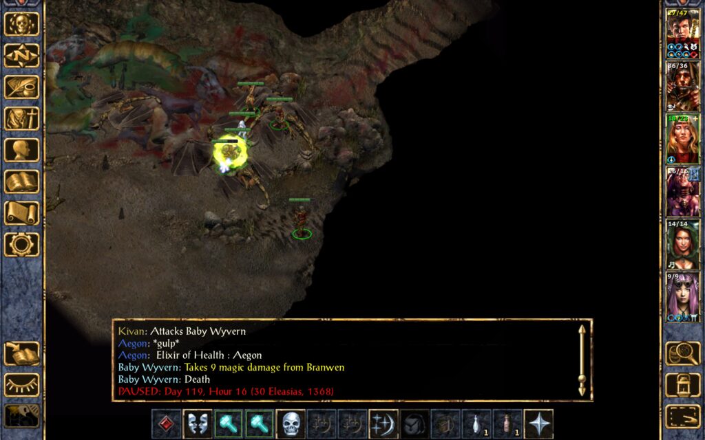 Branwen kills a baby wyvern with her Spiritual Hammer.
