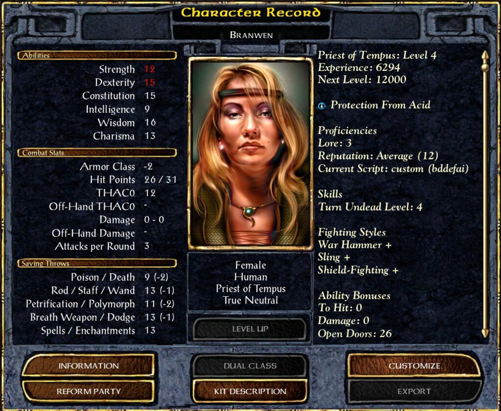 Branwen, Level 4 Priest of Tempus.
