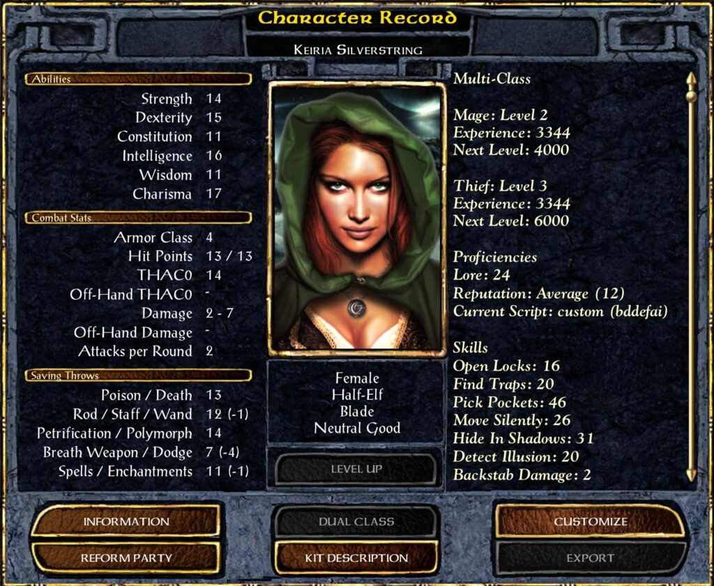 Kieria Silverstring - Level 2 Mage, Level 3 Thief