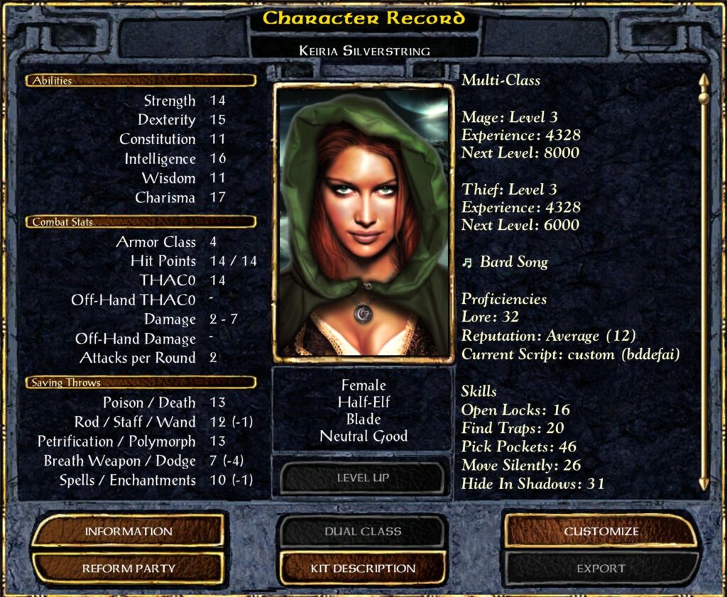 Kieria Silverstring, Blade (Level 3 Mage, Level 3 Thief).