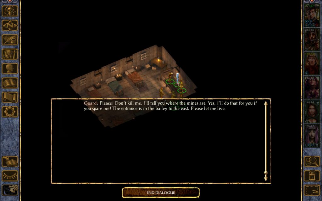 Guard: Please! Don't kill me. I'll tell you where the mines are. Yes, I'Il do that for you if you spare me! The entrance is in the bailey to the east. Please let me live.