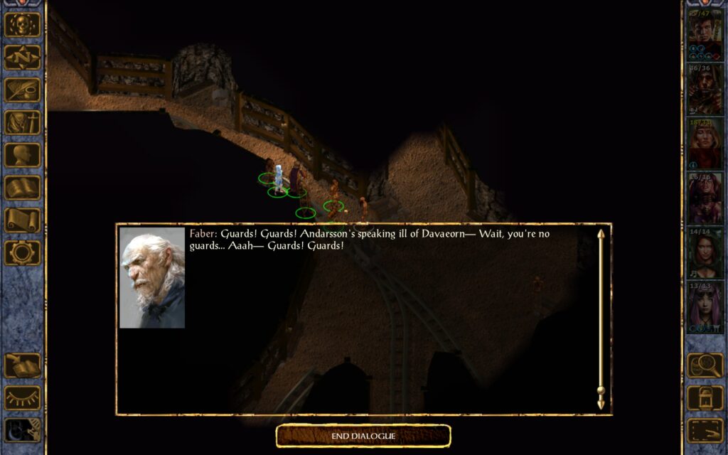 Faber: Guards! Guards! Andarsson's speaking ill of Davaeorn— Wait, you're no guards… Aaah— Guards! Guards!