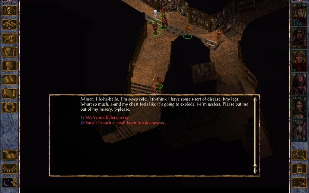 Miner: He-he-hello. I'm s-s-so cold, I th-think I have some s-sort of disease. My legs h-hurt so much, a-and my chest feels like it's going to explode. I-I'm useless. Please put me out of my misery, p-please.