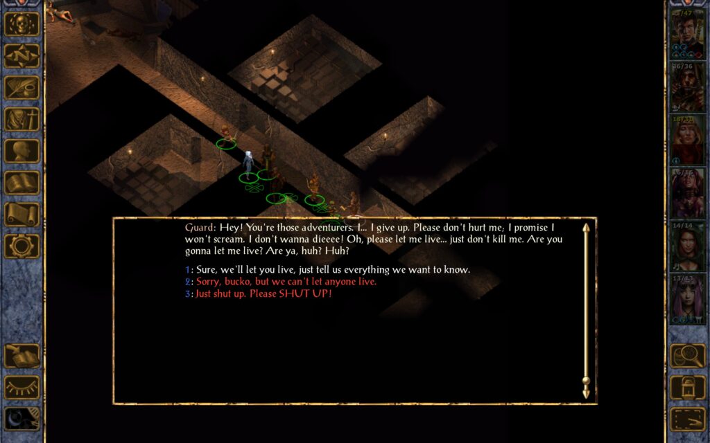 Guard: Hey! You're those adventurers. I… I give up. Please don't hurt me; I promise I won't scream. I don't wanna dieeee! Oh, please let me live… just don't kill me. Are you gonna let me live? Are ya, huh? Huh?