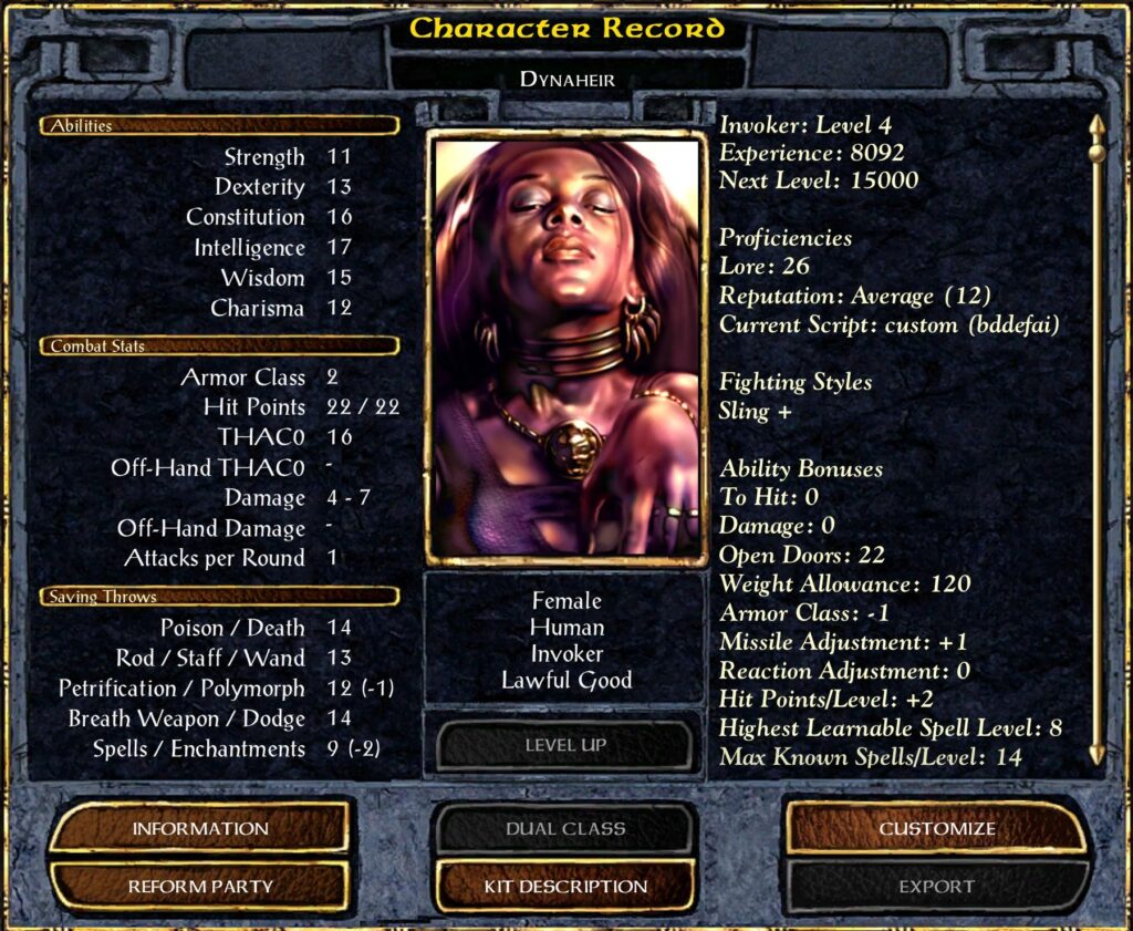 Dynaheir is now a 4th-level Invoker.