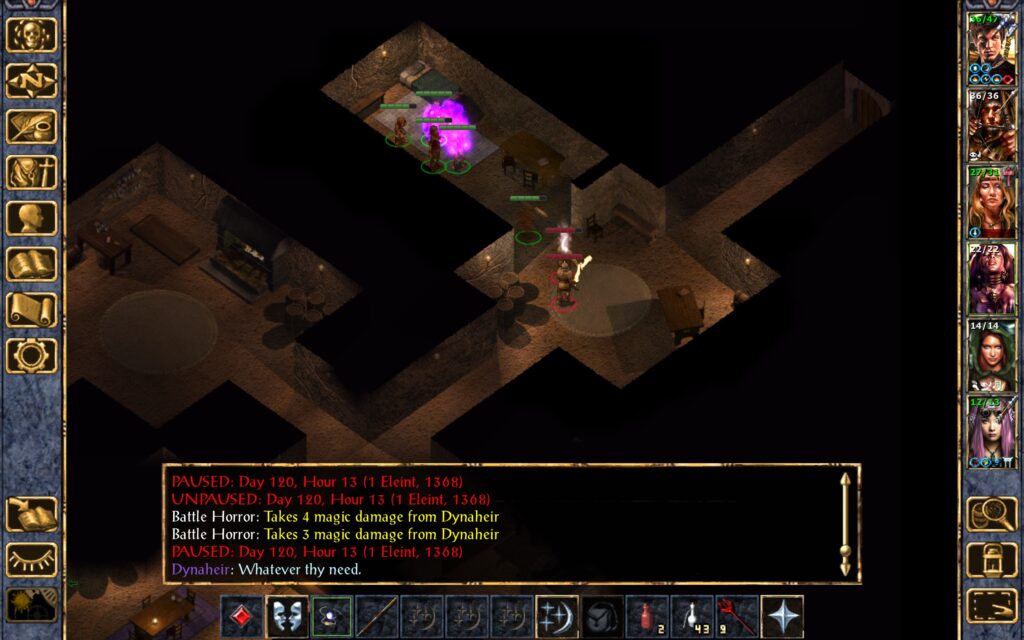 Dynaheir launches Magic Missiles at the Battle Horrors.