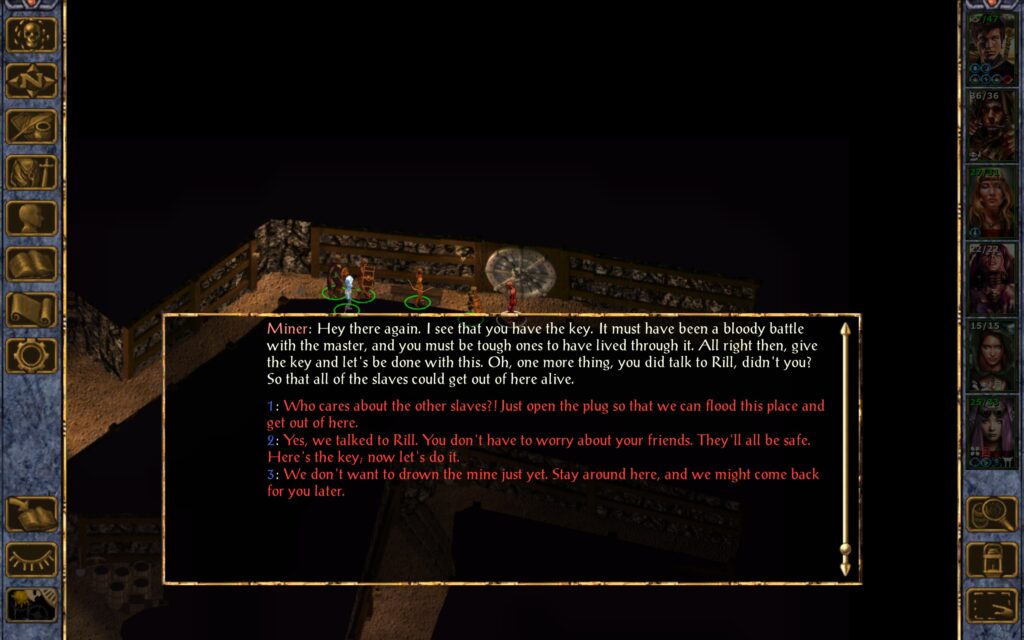 Miner: Hey there again. I see that you have the key. It must have been a bloody battle with the master, and you must be tough ones to have lived through it. All right then, give the key and let's be done with this. Oh, one more thing, you did talk to Rill, didn't you? So that all of the slaves could get out of here alive.