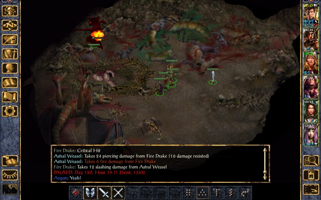 The astral weasels attack the fire drake.