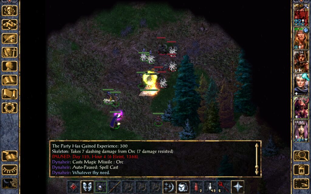 The skeletons kill an orc. Dynaheir hits an orc with her Magic Missiles.