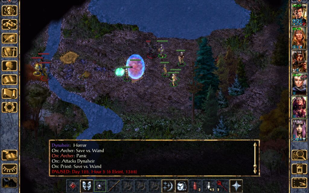 Dynaheir uses her Wand of Fear and is charged by an orc warrior.
