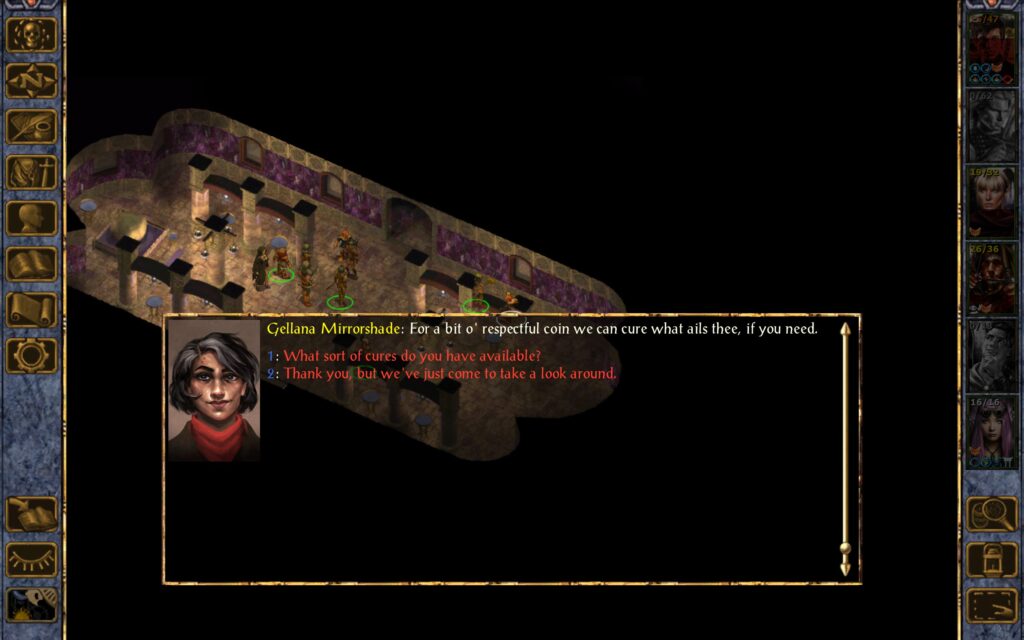 Gellana Mirrorshade: For a bit o' respectful coin we can cure what ails thee, if you need.