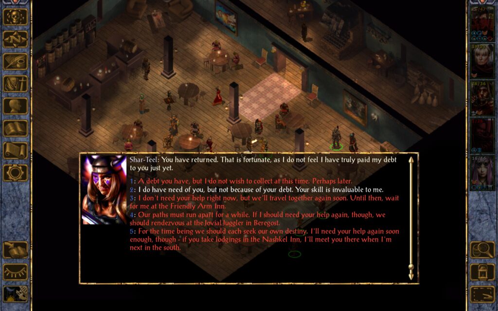 Shar-Teel: You have returned. That is fortunate, as I do not feel I have truly paid my debt to you just yet.