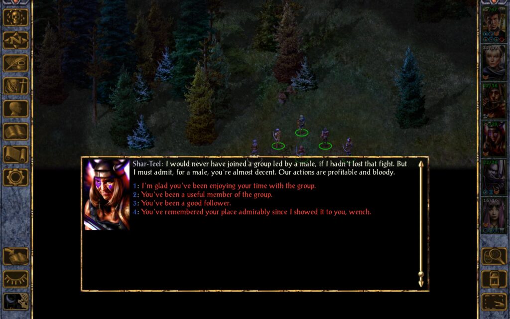 Shar-Teel: I would never have joined a group led by a male, if I hadn't lost that fight. But I must admit, for a male, you're almost decent. Our actions are profitable and bloody.