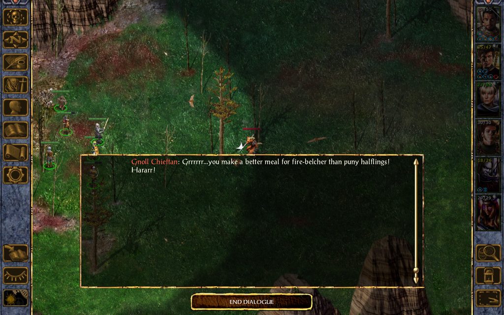 Gnoll Chieftan: Grrrrrr... you make a better meal for fire-belcher than puny halflings!