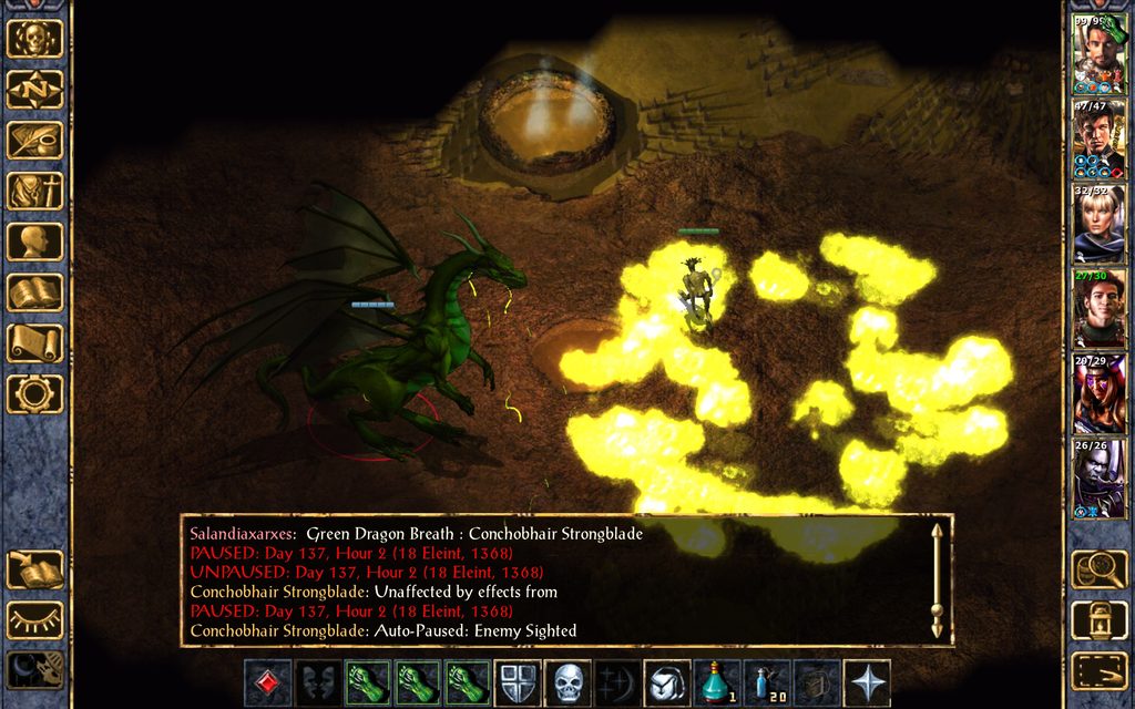 The dragon attempts to use its acidic breath to kill Conchobhair.