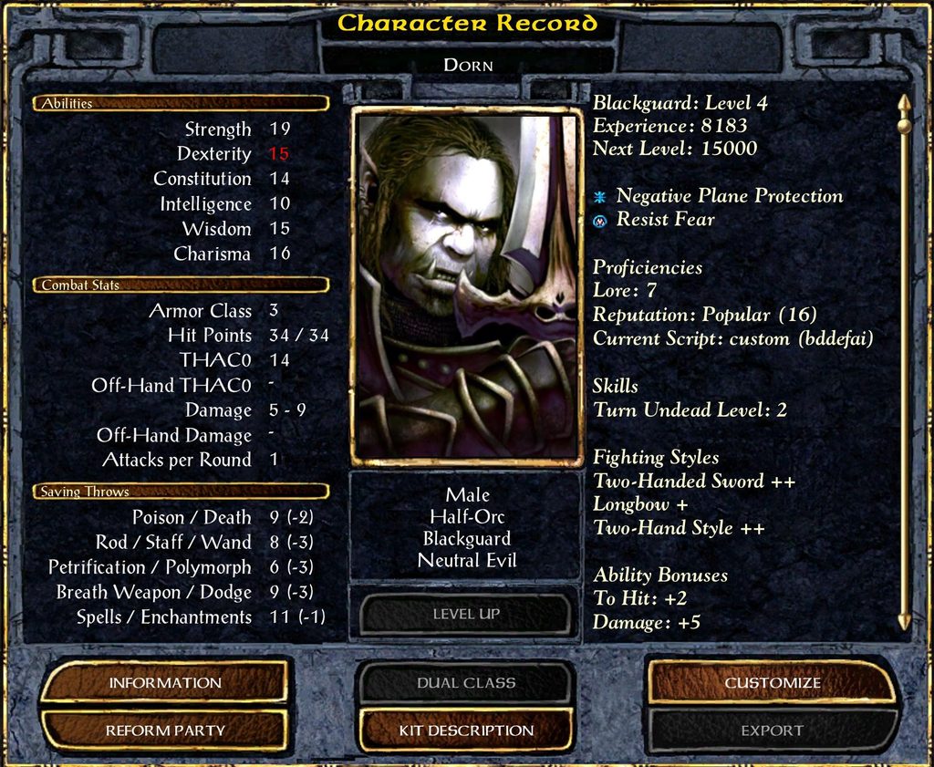 Dorn, a level 4 Blackguard.
